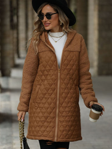 Texture Zip Up Long Sleeve Hooded Coat Trendsi