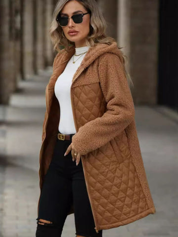 Texture Zip Up Long Sleeve Hooded Coat Trendsi