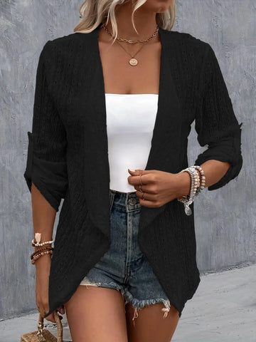 Eyelet Roll-Tab Sleeve Cardigan Trendsi