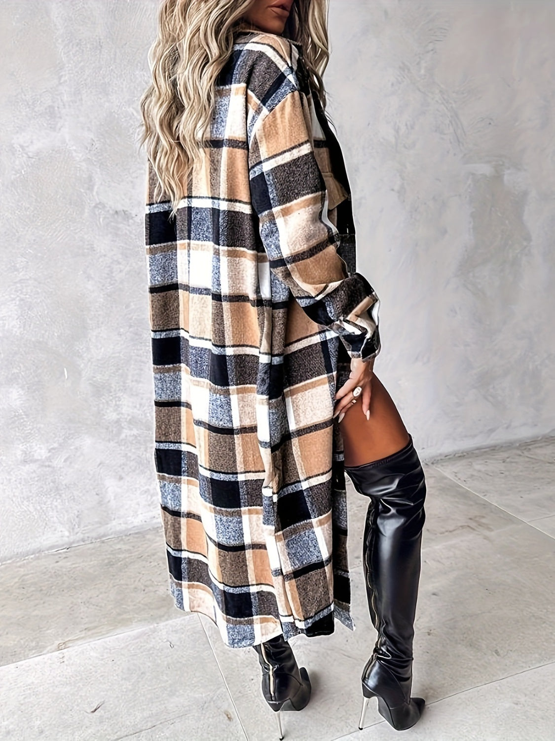 Plaid Button Up Long Sleeve Longline Outerwear Trendsi