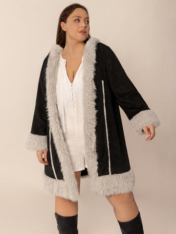 Plus Size Fuzzy Trim Open Front Long Sleeve Hooded Coat Trendsi