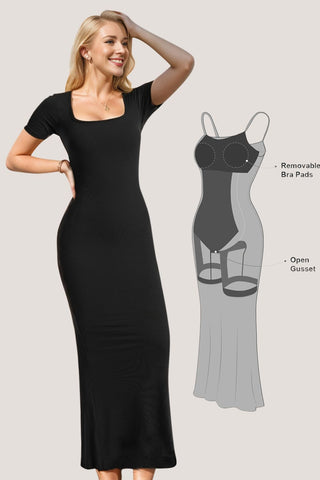 Basic Bae Built-In Shapewear Square Neck Short Sleeve Maxi Dress Trendsi