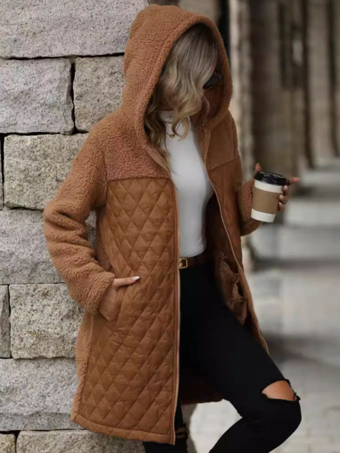 Texture Zip Up Long Sleeve Hooded Coat Trendsi