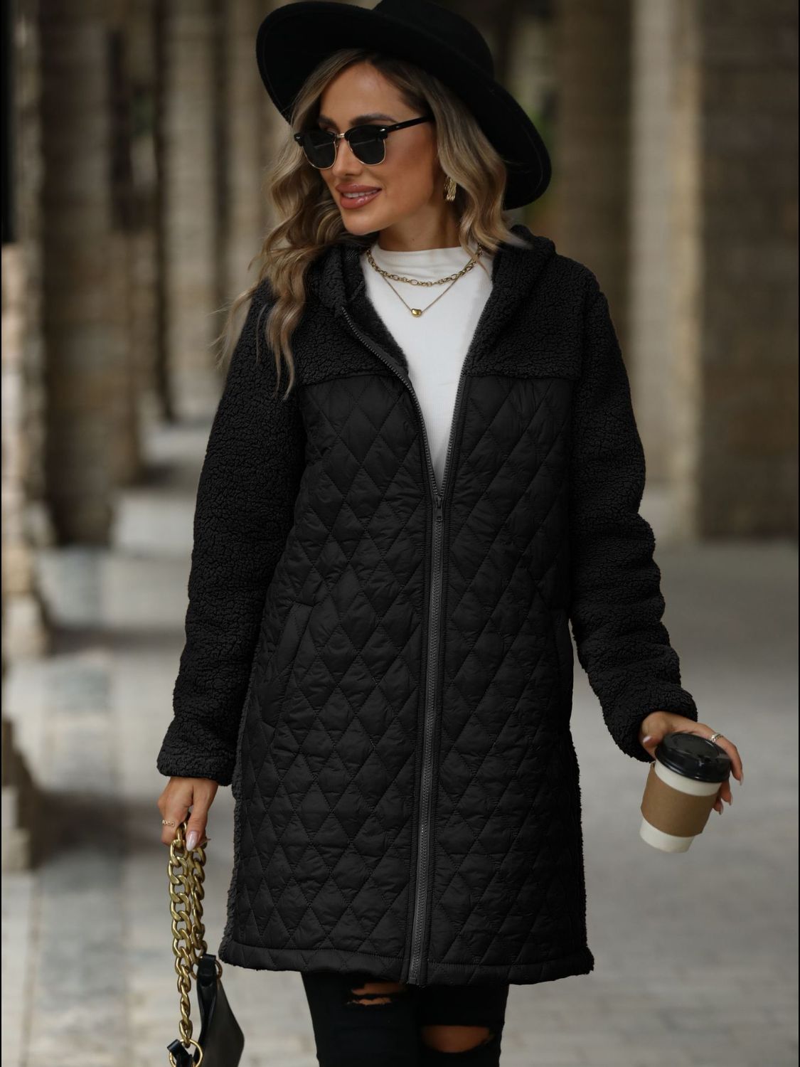 Texture Zip Up Long Sleeve Hooded Coat Trendsi