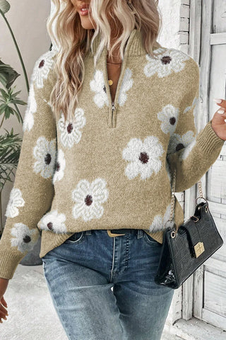 Flower Half Zip Long Sleeve Sweater