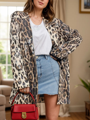 Leopard Lapel Collar Long Sleeve Longline Blazer Trendsi