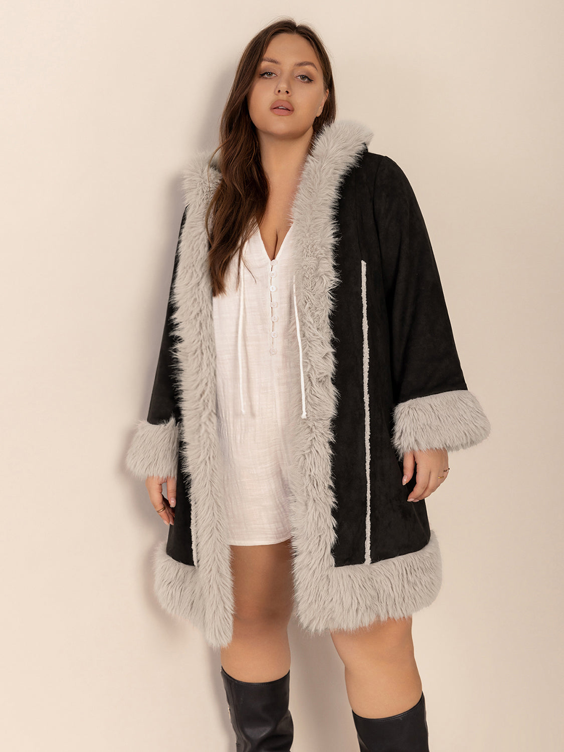 Plus Size Fuzzy Trim Open Front Long Sleeve Hooded Coat Trendsi