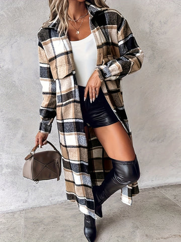 Plaid Button Up Long Sleeve Longline Outerwear Trendsi