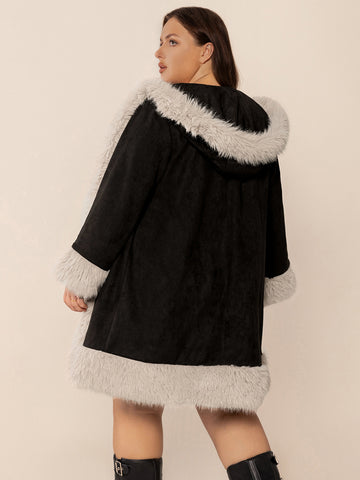 Plus Size Fuzzy Trim Open Front Long Sleeve Hooded Coat Trendsi