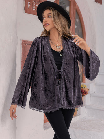 Tied Lace Detail Long Sleeve Cardigan Trendsi