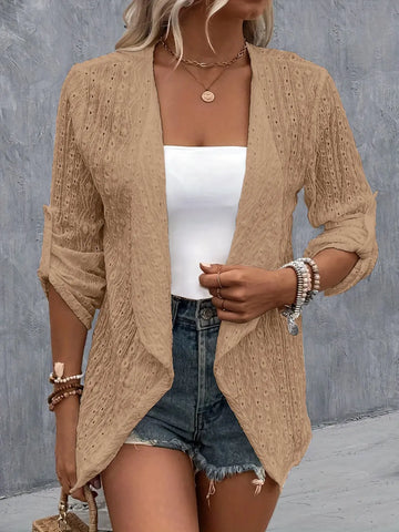 Eyelet Roll-Tab Sleeve Cardigan Trendsi