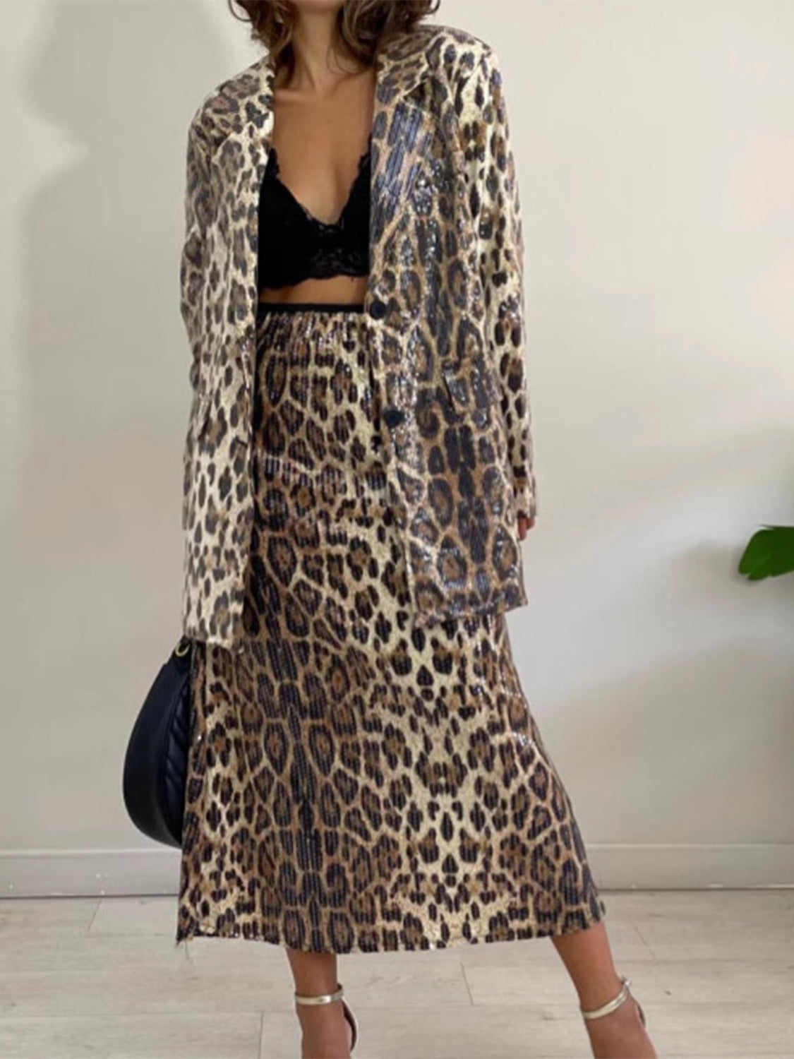 Leopard Lapel Collar Long Sleeve Longline Blazer Trendsi